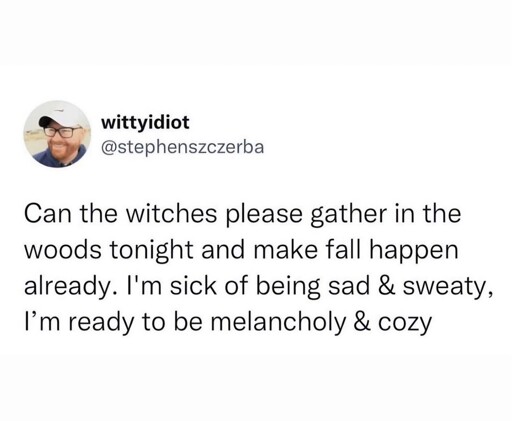 Can the witches please gather in the woods tonight and make fall happen. Im sick of being sad and sweaty I'm ready to be melancholy and cozy
